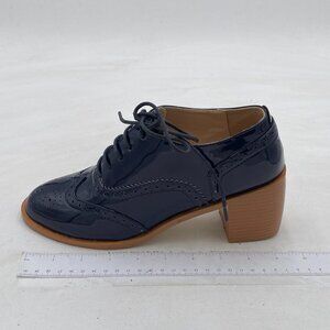 FOWT Navy Perforated Lace-Up Oxfords Almond Toe Mid Chunky Heel Derby Shoes